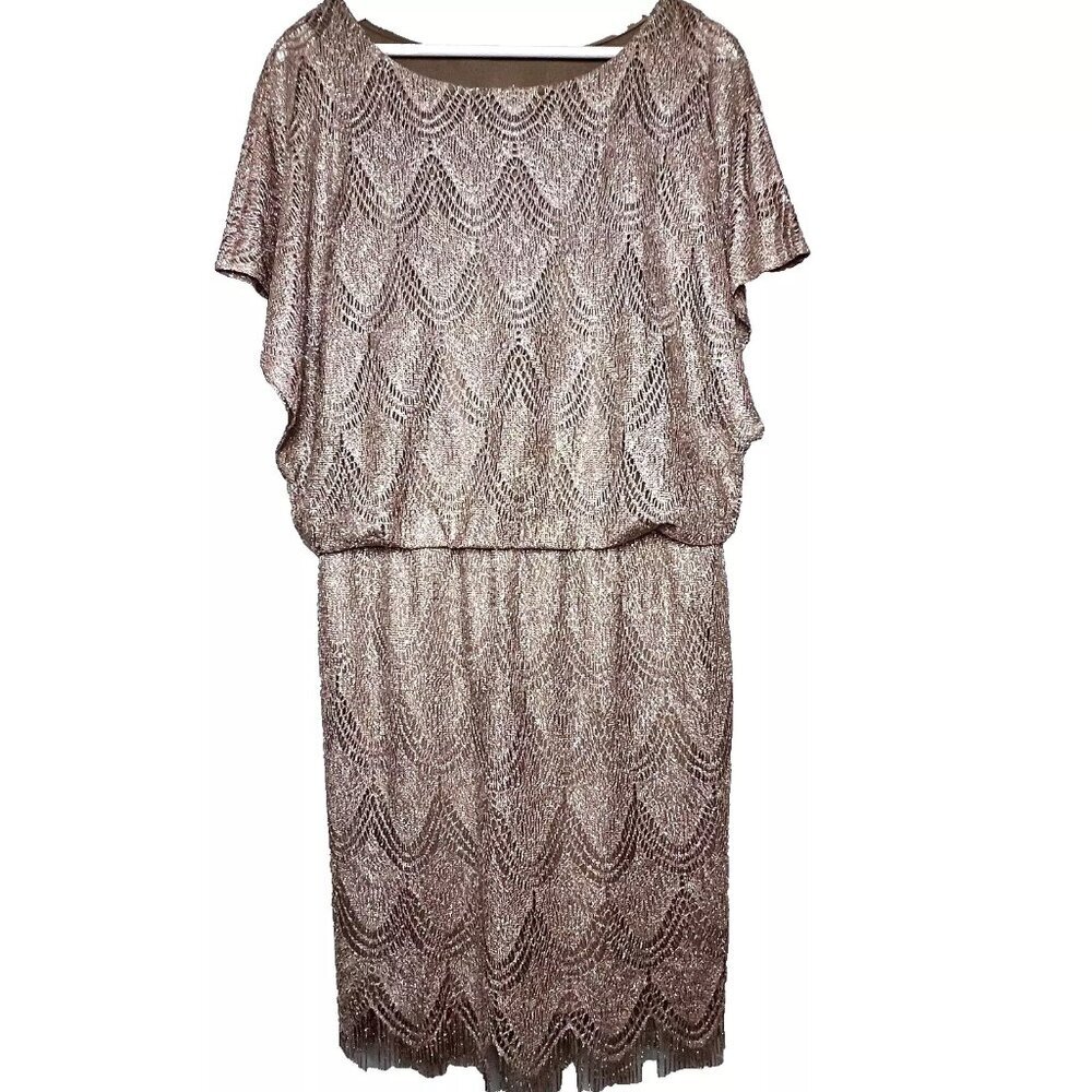 SL Fashion VTG Dress Sz 12 Lace Midi Gold/Copper Fringe USA Metallic Disco Glam